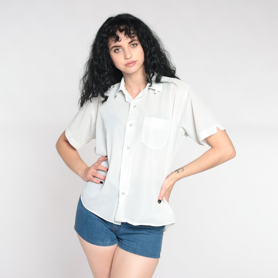 Sheer Mint Green Pinstripe Shirt 90s BUTTON UP Shirt Vintage Plain Ribbed Shirt 1990s Short Sleeve Shirt Pocket Oxford Shirt Medium Large