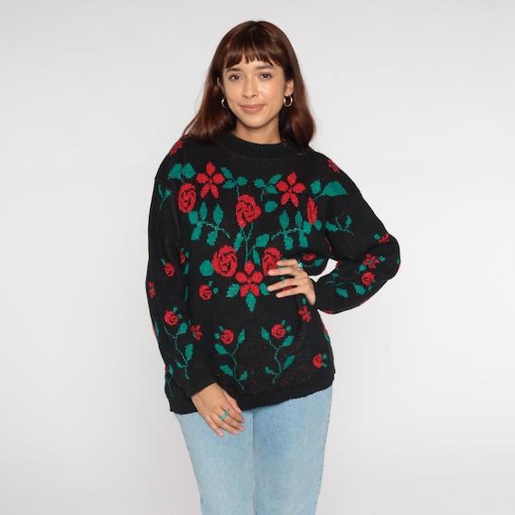 Black Floral Sweater 90s Red Green Rose Village Fair Metallic Knit Gothic Cottagecore Dark Academia Romantic Vintage Fall Holiday Medium M 8