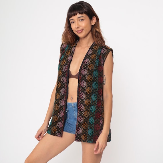 70s Tapestry Vest Vintage Shellys Tall Girl Ethnic Print Multicolor Geometric Bohemian Hippie Layering Mod Fashion Open Front Size Medium M