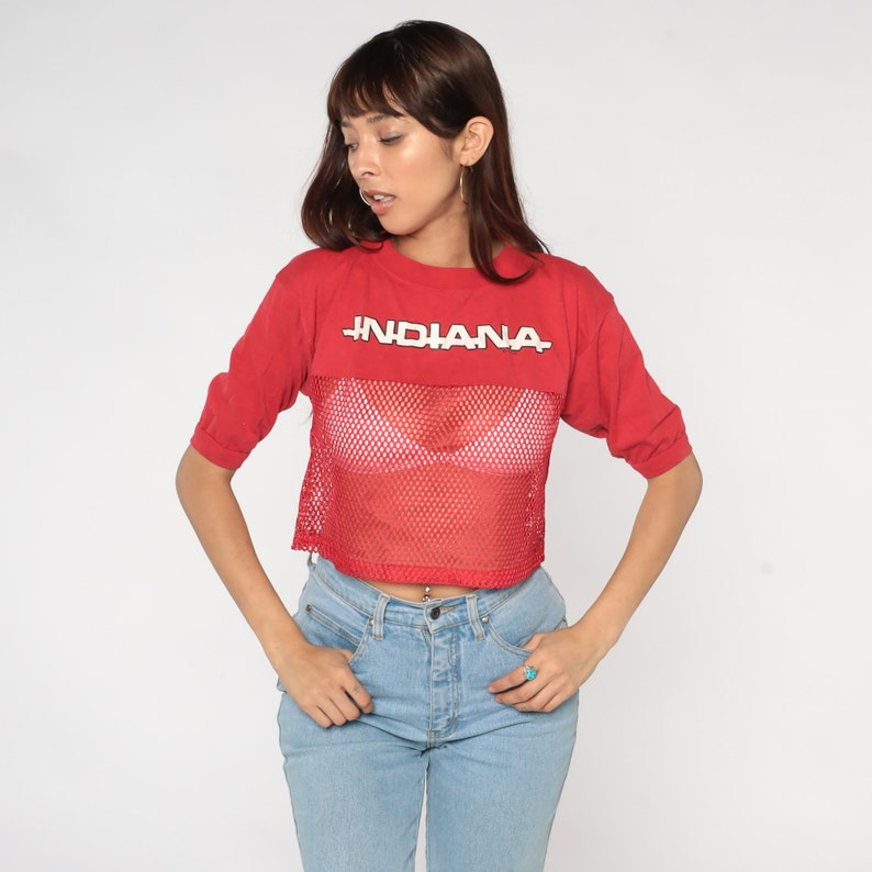 Indiana Shirt 80s Red Mesh Crop Top Sheer Cropped T-Shirt University Bloomington College Tee IU Hoosiers Festival Sexy Vintage 1980s Medium image 3