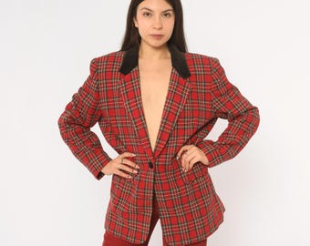 90s Red Tartan Plaid Blazer Wool Blend Black Velvet Single Button Front Green Gold Check Christmas Preppy Dark Academia Jacket Large L