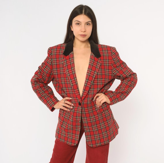 90s Red Tartan Plaid Blazer Wool Blend Black Velvet Single Button Front Green Gold Check Christmas Preppy Dark Academia Jacket Large L