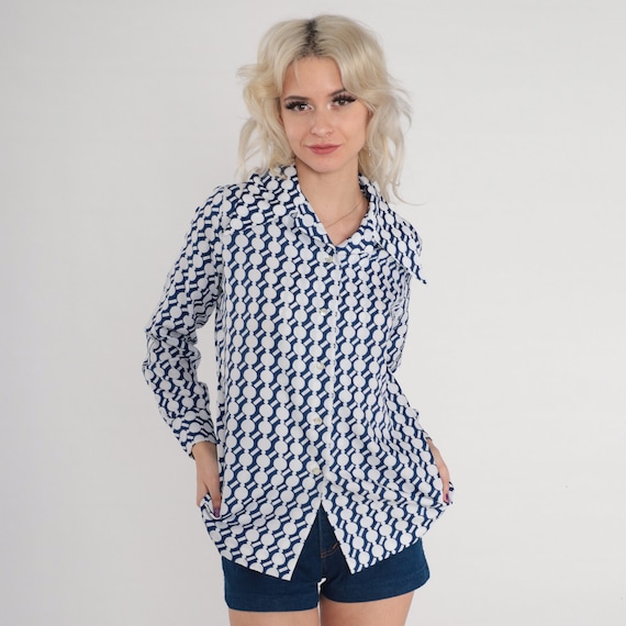 70s Blouse Disco Shirt Button Up Top Geometric Bubble Dot Print Dagger Collar Hippie Long Sleeve White Blue Boho Vintage 1970s Medium M