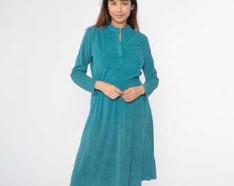 80s Terry Cloth Dress Teal Midi Dress Vintage Retro Casual Mandarin Collar Terrycloth Day Dress High Waist 1980s Long Sleeve Small Medium