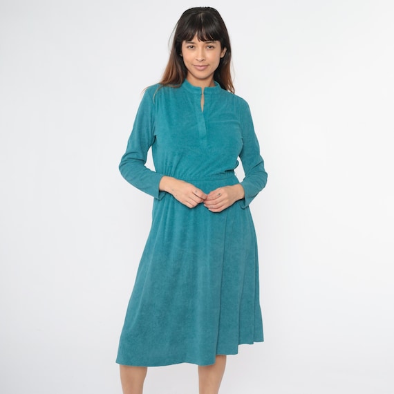 80s Terry Cloth Dress Teal Midi Dress Vintage Retro Casual Mandarin Collar Terrycloth Day Dress High Waist 1980s Long Sleeve Small Medium