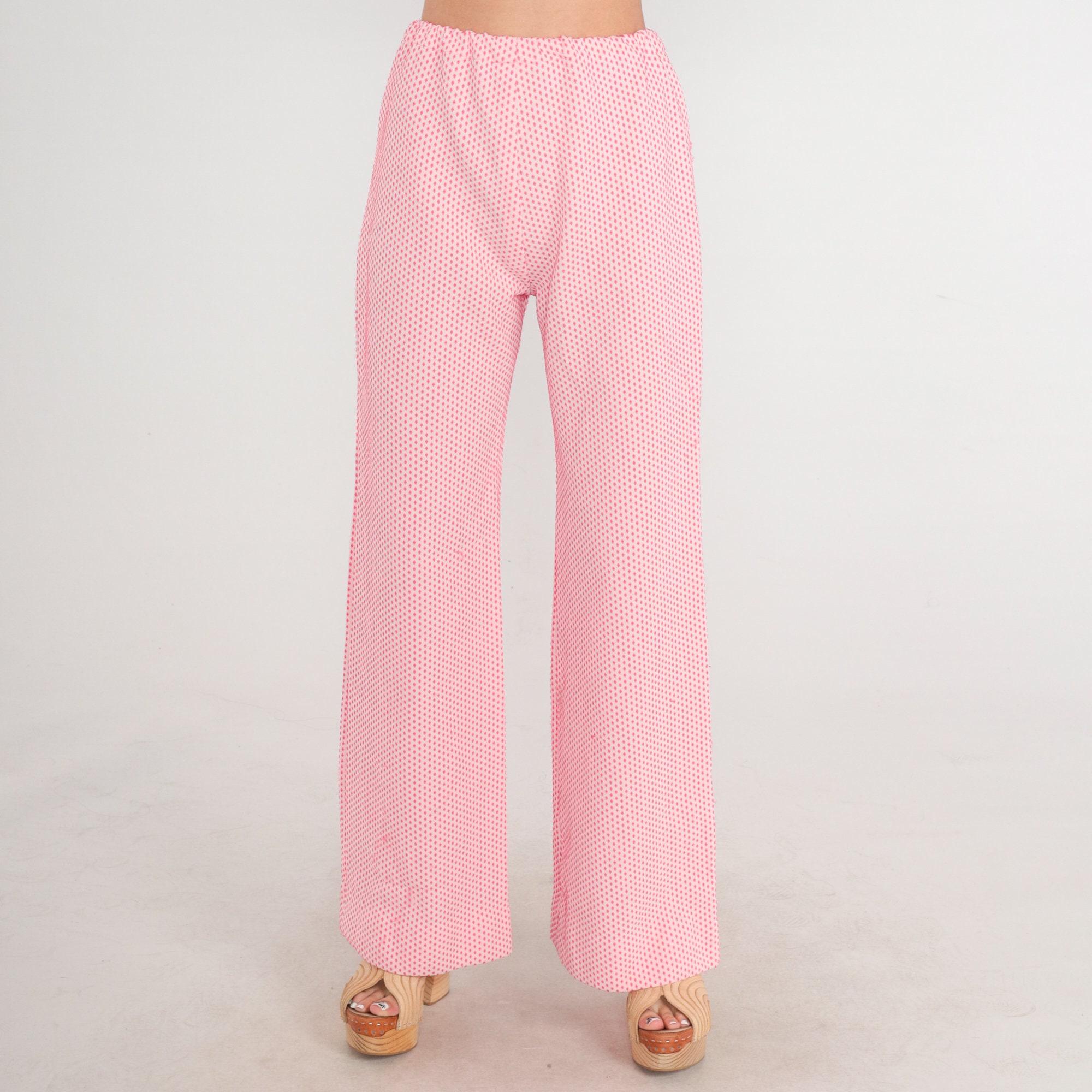 Bell Bottom Pants 70s Pink Polka Dot Print Trousers High Waisted Flare ...