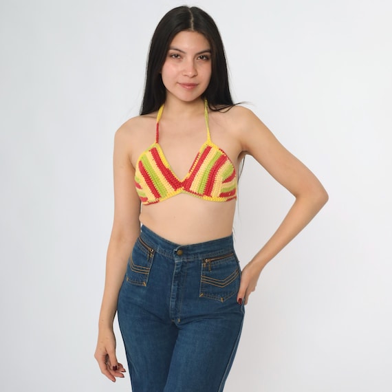 Y2K Crochet Bikini Top Striped Halter Top Red Yellow Green Crop Top Triangle Top Festival Knit Vintage Boho Hippie V Neck 00s Extra Small xs