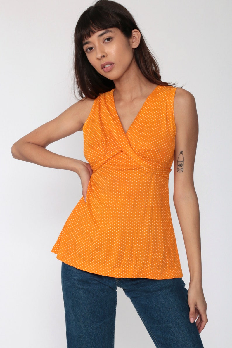 70s Babydoll Top Orange Polka DOt Shirt Boho Top 70s Blouse Tank Top Vintage 1970s Hippie Bohemian Sleeveless Shirt V Neck Extra Small xs