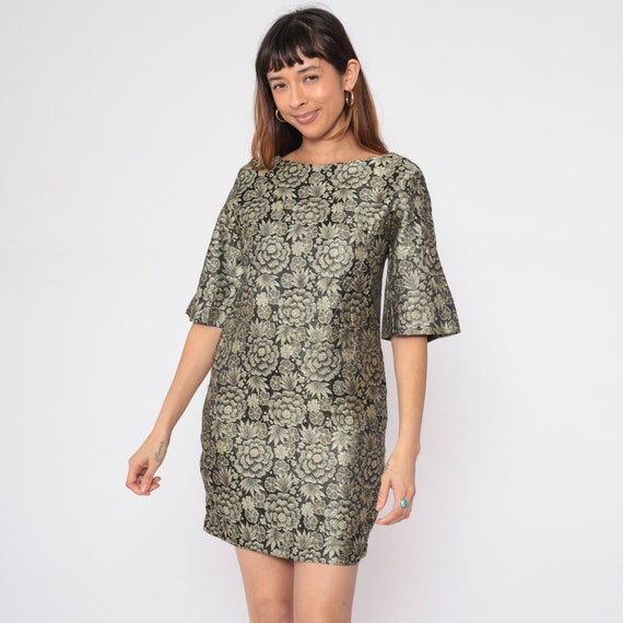Vintage 60s Party Dress Gold Brocade 1960s Hawaiian Floral Mini Mod Metallic Dress Bell Sleeve Mad Men Cocktail Formal Evening Shift Small S