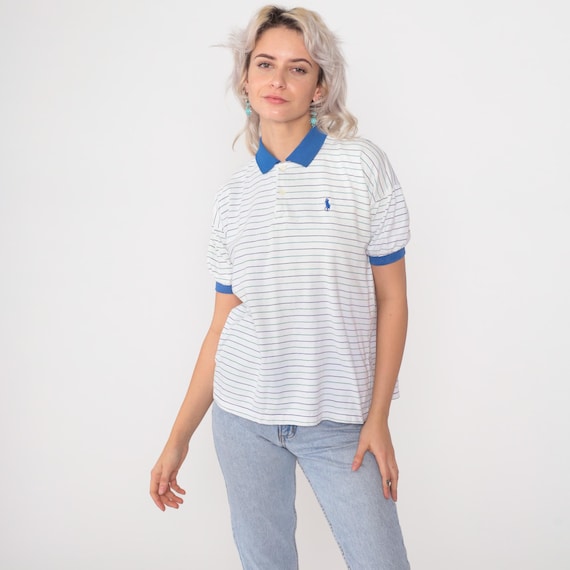 Y2K Polo Ralph Lauren Polo Striped White Blue Quarter Button Up Retro RLP Collared Short Sleeve Top Navy Vintage 00s Extra Small xs