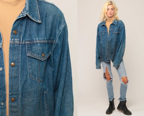 Denim Jacket Jean Jacket Blue Oversize 70s 80s Vintage Biker Oversized Button Up Hipster Medium Large