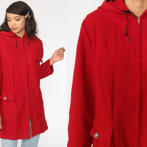 Red Wool Coat 80s HOODED Jacket Zip Up Hood Jacket Vintage 1980s Hoodie Bohemian Large xl l