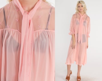 Sheer Pink Robe 70s Lingerie Robe Embroidered Open Tie Front Midi Peignoir Long Nightgown Button up Pastel 1970s Vintage Vanity Fair Medium