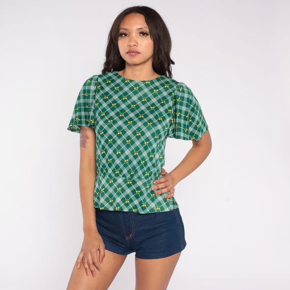 70s Cherry Argyle Print Green Plaid Top Short Sleeve Mod Preppy Groovy Boho Hippie Summer Psychedelic Disco Blouse Flutter Sleeve Small S