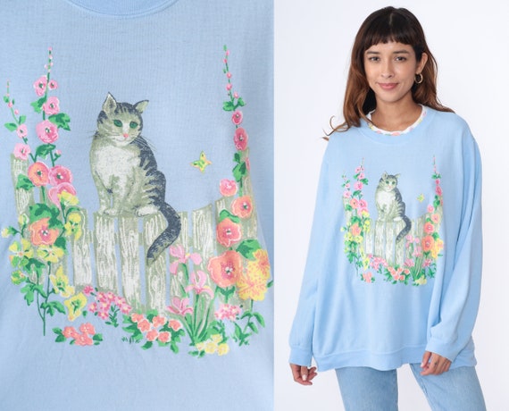 Floral Cat Sweatshirt 90s Garden Kitten Sweater Baby Blue Flower Graphic Shirt Kitty Crewneck Kawaii Cute Vintage 1990s 1x Extra Large xl