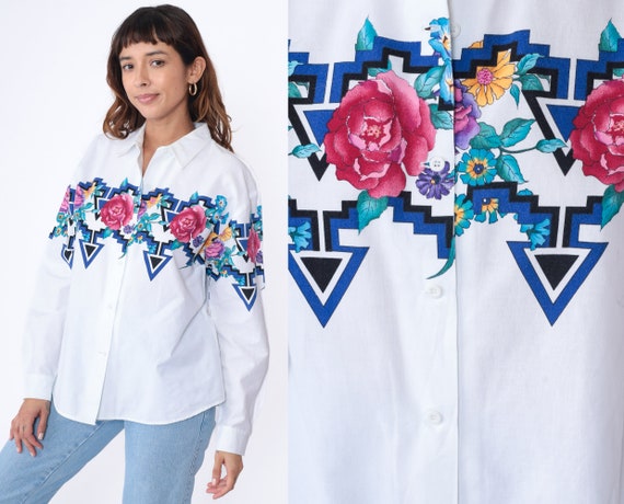 Floral Western Shirt 90s White Roper Button Up Shirt 1990s Southwestern Shirt Rodeo Long Sleeve Cowgirl Shirt Vintage Bohemian Large