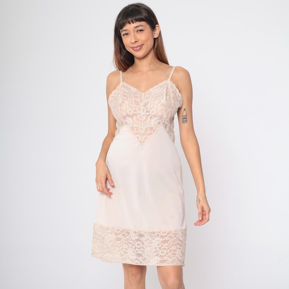 Vanity Fair Slip Dress 70s Blush Beige Lace Trim Lingerie Nightgown Sheer Mini Nightie Empire Waist Spaghetti Strap Vintage 1970s Medium 36