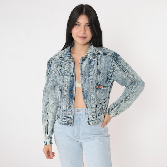 80s Jordache Jean Jacket Vintage Acid Wash Denim Jacket 90s Cropped Biker 1980s Button Up Denim Coat Medium M
