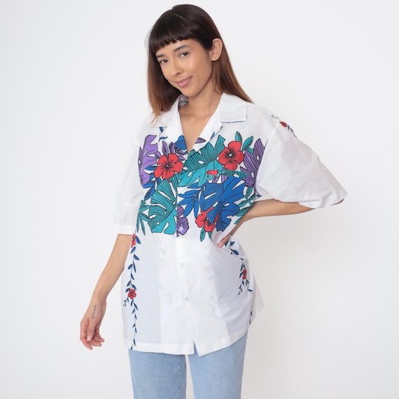 Hilo Hatties Tropical Shirt White 90s Hawaiian Floral Print Vintage Short Sleeve Button Up Cotton Monstera Hibiscus Extra Large XL 18