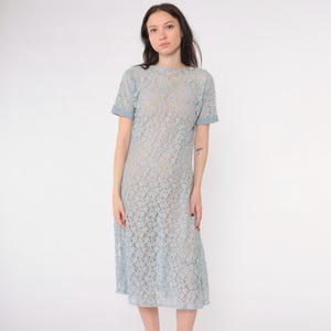 Sheer Lace Dress 90s Blue Floral Midi Dress Short Sleeve Retro Shift Festival Summer Romantic Girly Vintage 1990s Medium M
