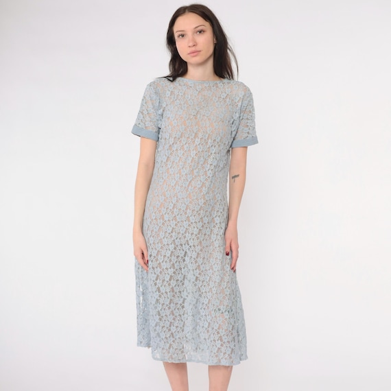 Sheer Lace Dress 90s Blue Floral Midi Dress Short Sleeve Retro Shift Festival Summer Romantic Girly Vintage 1990s Medium M