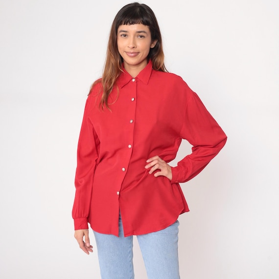 Red Dress Shirt 90s Blouse Collared Work Shirt Office Top Classic Vintage Professional Career Wear Business Casual Secretary Preppy Medium M
