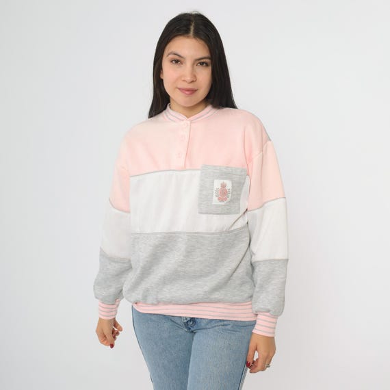 Colorblock Pink Sweatshirt Vintage 90s Pastel White Gray Pullover Henley Collar Striped Trim Preppy Streetwear Soft Grunge Cozy Medium M