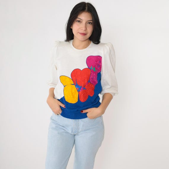 80s Puff Sleeve Sweater White Abstract Sweater Embossed Floral Pullover Jumper Knit Retro Kawaii 3/4 Sleeve Color Block 1980s Vintage Small