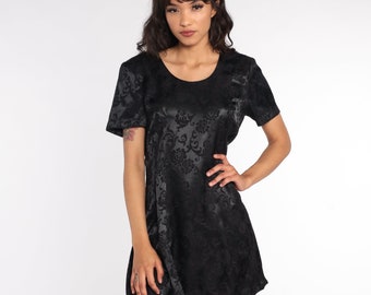 Vestido corto vintage de satén negro con espalda enrejada, estilo años 90, vestido de fiesta, vestido recto con estampado floral, diamantes de imitación entrecruzados, vestido corto bohemio de cóctel de los años 90, talla mediana