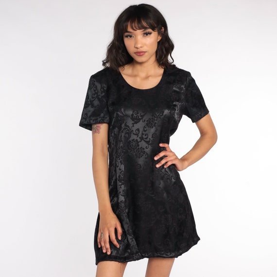 Vintage Black Satin Dress Cage Back Mini 90s Party Dress Shift Floral Dress Criss Cross Rhinestone 1990s LBD Boho Cocktail Minidress Medium