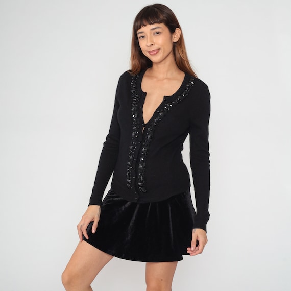 Black Beaded Sweater Y2K Cashmere Knit Button up Sweater Sparkly Rhinestone Gem Studded Boho Glam Formal Vintage Bloomingdales 00s Medium M