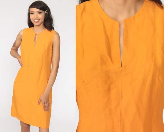 50/% OFF SPRING SALE Vintage 90s Solid Bright Orange Crewneck Minimal Pencil Summer Shift Knee Length Boxy Long Sleeve Dress Sz Medium