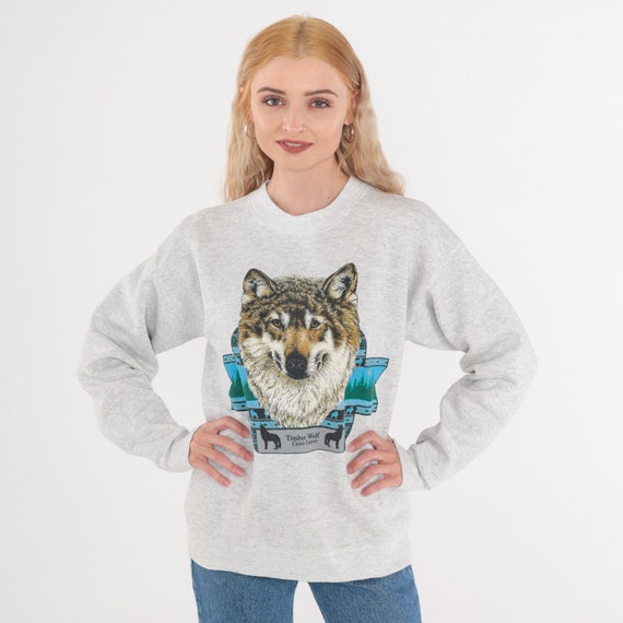 Timberwolf Sweatshirt 90s Timber Wolf Sweatshirt Wild Dog Animal Graphic Shirt Retro Wildlife Sweater Heather Grey Vintage 1990s Medium M