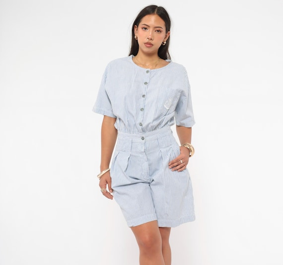 80s Striped Romper Blue White Pinstripe Cotton Playsuit Collarless Jumpsuit Pleated Preppy Collegiate Summer One Piece Vintage FADS Small S