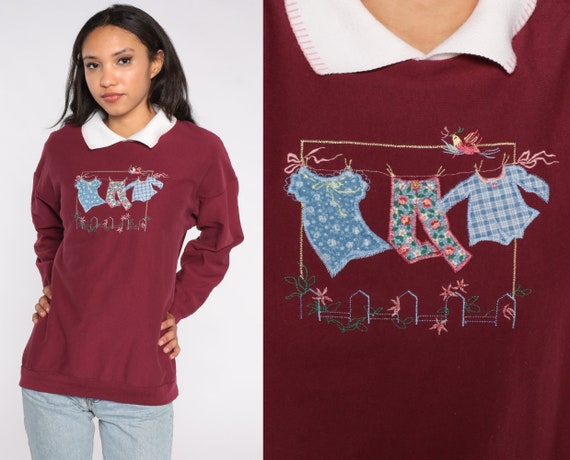 Collared Country Sweatshirt Laundry Shirt 80s Grandma Sweatshirt 90s Sweatshirt Vintage Slouchy Kawaii Graphic Burgundy Large L