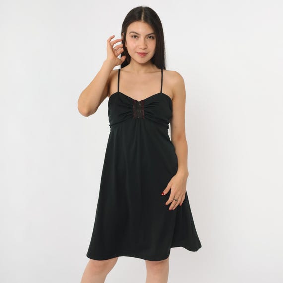 Vintage Black Mini Dress 70s Lace Trim Babydoll Dress Empire Waist Mini Sweetheart Neckline Bohemian Sun Spaghetti Strap Disco 1970s Medium