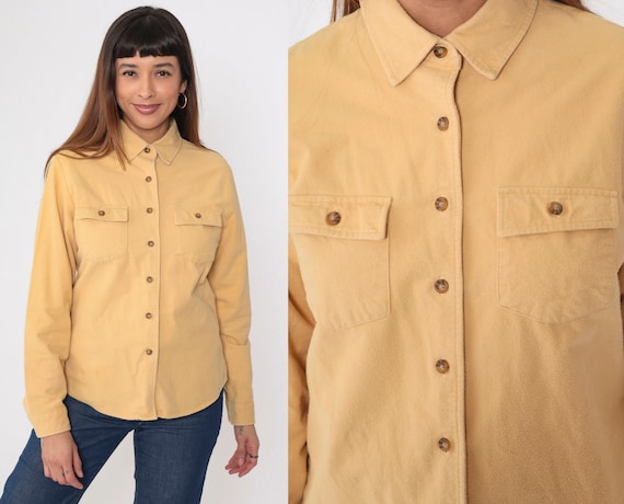 90s LL Bean Shirt Muted Yellow Long Sleeve Utility Shirt Boyfriend Button Up Blouse Vintage 1990s Normcore Hiking Chest Pocket Medium