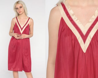 70s Nightie Raspberry Red Mini Slip Dress Sleeveless V Neck Nightgown Pajamas Lingerie Dress Low Back Boho Tent Lounge Vintage 1970s Large L