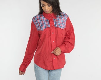 Red Western Shirt 90s Plaid Pearl Snap Button Up Cowboy Shirt Rodeo Vaquero Top Long Sleeve Retro Hipster Checkered Vintage 1990s Mens Large