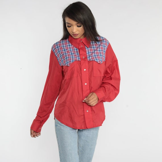 Red Western Shirt 90s Plaid Pearl Snap Button Up Cowboy Shirt Rodeo Vaquero Top Long Sleeve Retro Hipster Checkered Vintage 1990s Mens Large