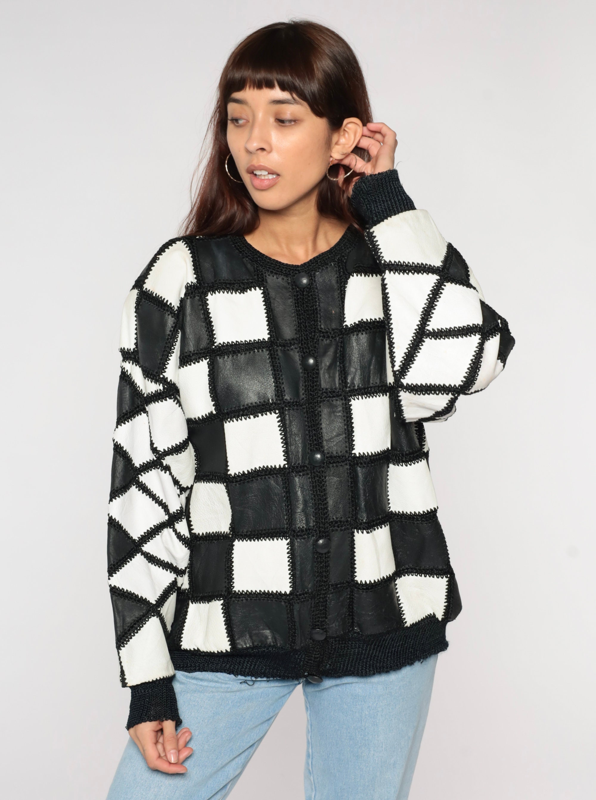 Patchwork Leather Jacket 90s Black White Checkered Button Up Sweater ...