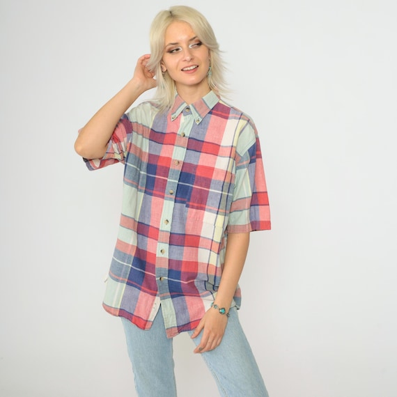 90s Plaid Shirt Blue Red Button Up Checkered Shirt Short Sleeve Check Print Top Vintage Preppy Men's Medium 15-15 1/2