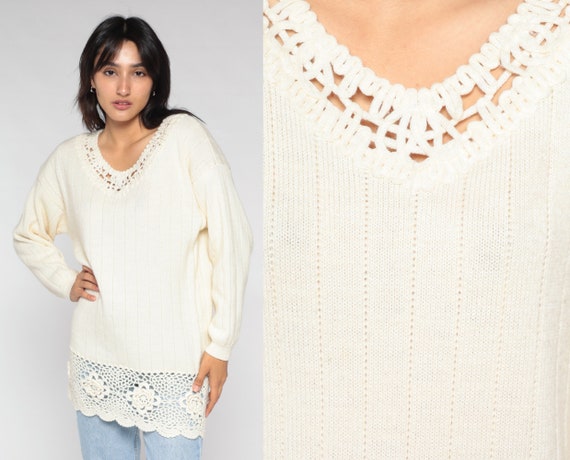 Crochet Floral Sweater 90s Cream Knit Flower Sweater Wool Acrylic Blend Pullover Longline Retro Bohemian Hippie V Neck Vintage 1990s Medium