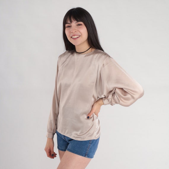 Champagne Blouse 80s Shiny Pleated Top Long Sleeve Shirt Button Back Draped Plain Formal Glam Cocktail Secretary Chic Vintage 1980s Small 4