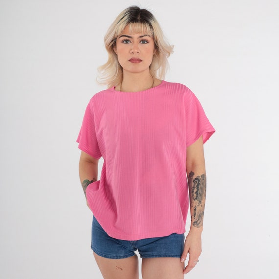 90s Pink Shirt -- Ribbed Polyester Tshirt Plain T… - image 2
