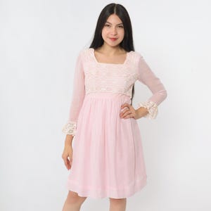 60s Pink Lace Babydoll Dress Vintage Mod Mini Pastel Party Dress 1960s Empire Waist Bohemian 3/4 Sleeve Twiggy Formal Extra Small xs