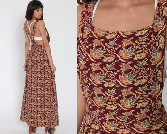Floral Overall Dress 80s Maxi Grunge Pinafore Bib
