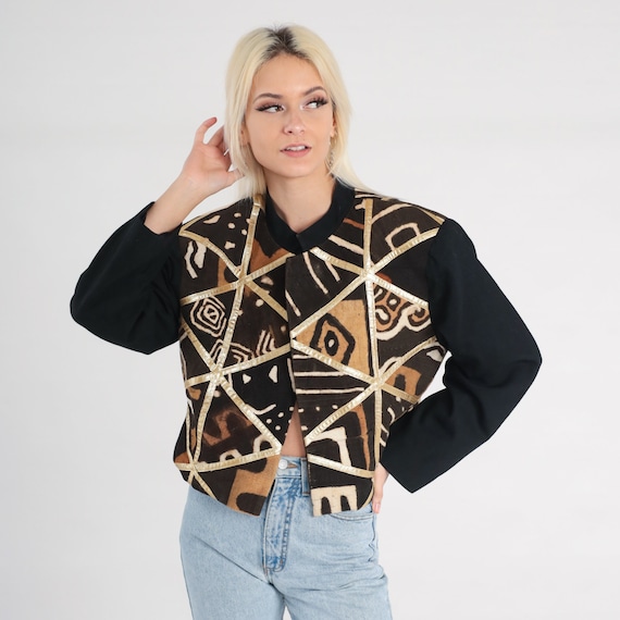 Cropped Safari Jacket Patchwork Geometric Jacket 90s Hippie Boho Jacket 1990s Black Brown Open Front Crop Mandarin Collar Vintage Medium