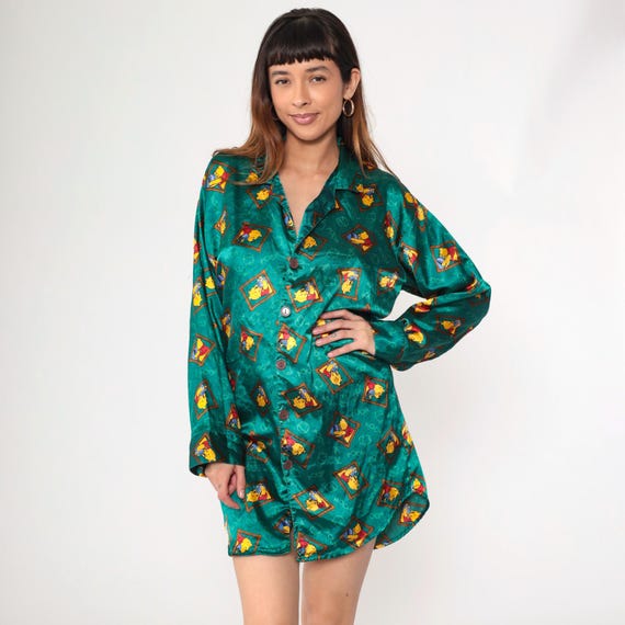 90s Winnie The Pooh Pajama Dress Green Satin Button Up Nightie Disney Mini Lounge Long Sleeve Sleep Vintage 1990s Nightgown Medium Large