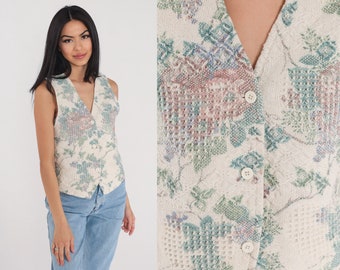 Floral Gobelin Weste 90er Button up Webweste Retro Ärmellos Creme Blumen Print Hippie Boho Garten Party Top Vintage 1990s Kleine S